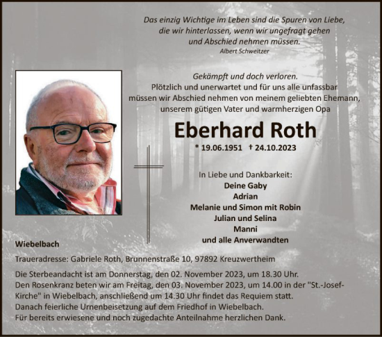 Traueranzeige von Eberhard Roth von Fränkische Nachrichten