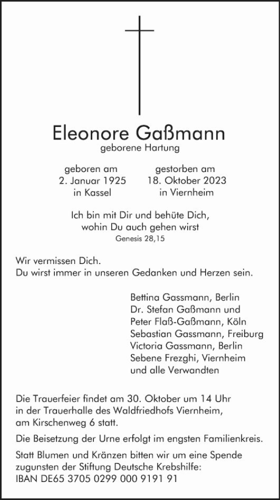  Traueranzeige für Eleonore Gaßmann vom 25.10.2023 aus Mannheimer Morgen