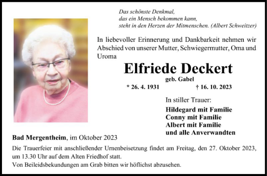 Traueranzeige von Elfriede Deckert von Fränkische Nachrichten