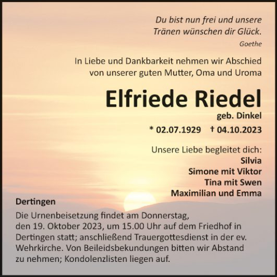 Traueranzeige von Elfriede Riede von Fränkische Nachrichten