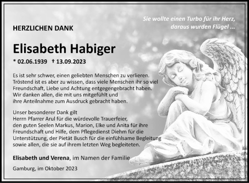  Traueranzeige für Elisabeth Habiger vom 07.10.2023 aus Fränkische Nachrichten