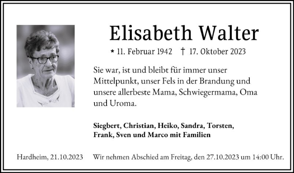  Traueranzeige für Elisabeth Walter vom 21.10.2023 aus Fränkische Nachrichten