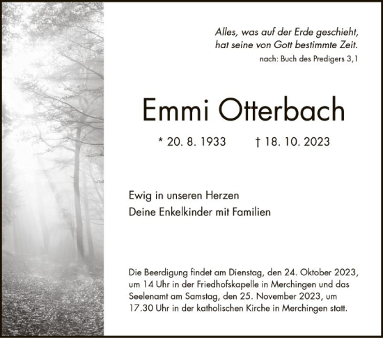 Traueranzeige von Emmi Otterbach von Fränkische Nachrichten