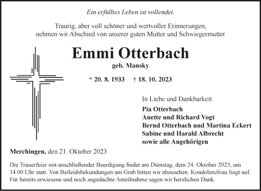  Traueranzeige für Emmi Otterbach vom 21.10.2023 aus Fränkische Nachrichten