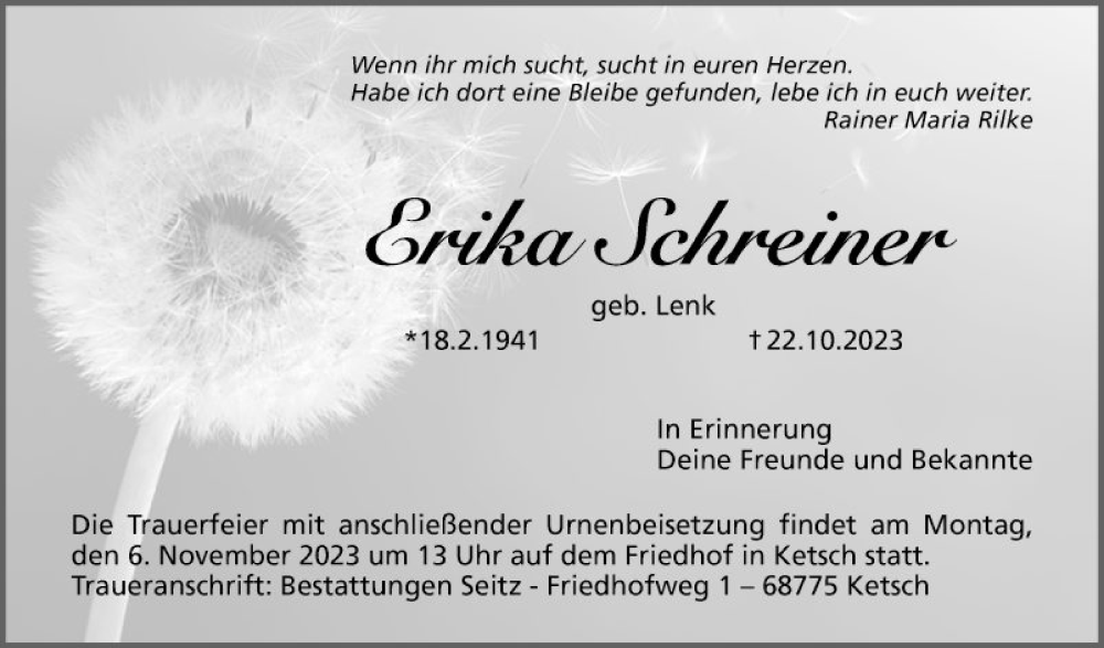  Traueranzeige für Erika Schreiner vom 28.10.2023 aus Schwetzinger Zeitung