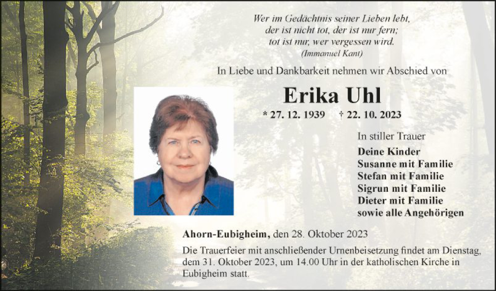  Traueranzeige für Erika Uhl vom 28.10.2023 aus Fränkische Nachrichten