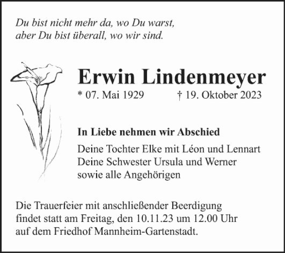  Traueranzeige für Erwin Lindenmeyer vom 28.10.2023 aus Mannheimer Morgen