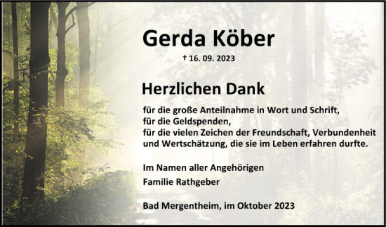 Traueranzeige von Gerda Köber von Fränkische Nachrichten