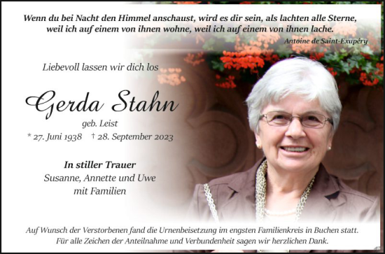 Traueranzeige von Gerda Stahn von Fränkische Nachrichten