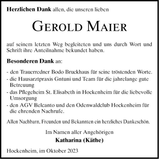Traueranzeige von Gerold Maier von Schwetzinger Zeitung