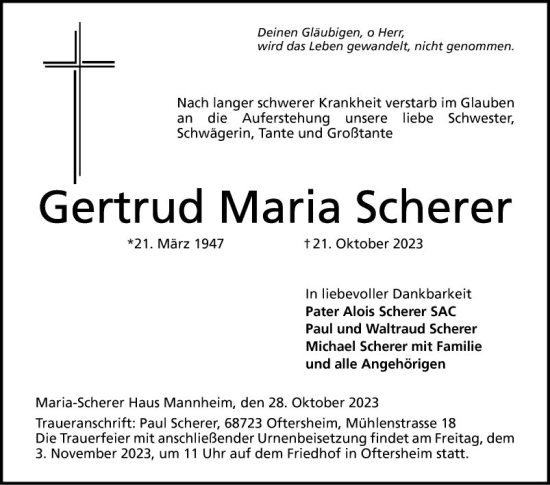 Traueranzeige von Gertrud Maria Scherer von Mannheimer Morgen
