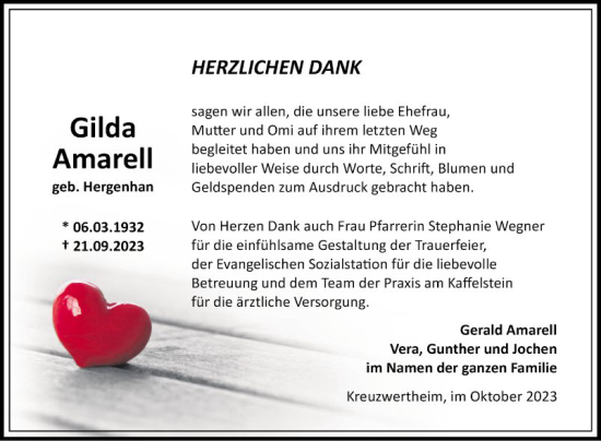 Traueranzeige von Gilda Amarell von Fränkische Nachrichten