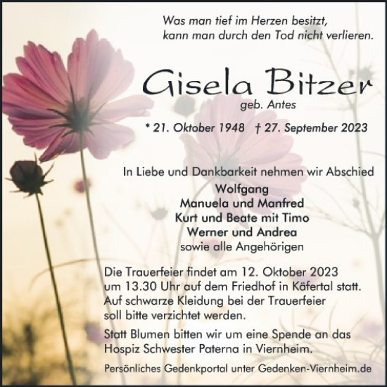 Traueranzeige von Gisela Bitzer von Mannheimer Morgen