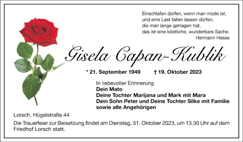  Traueranzeige für Gisela Capan-Kublik vom 28.10.2023 aus Bergsträßer Anzeiger