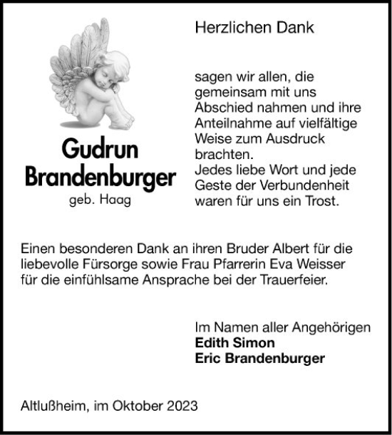 Traueranzeige von Gudrun Brandenburger von Schwetzinger Zeitung