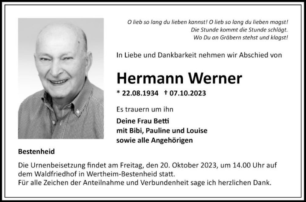  Traueranzeige für Hermann Werner vom 16.10.2023 aus Fränkische Nachrichten