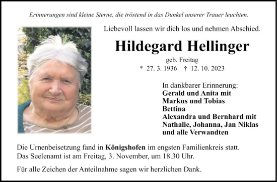 Traueranzeige von Hildegard Hellinger von Fränkische Nachrichten