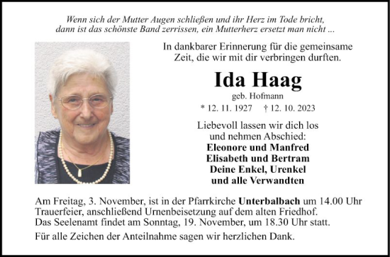 Traueranzeige von Ida Haag von Fränkische Nachrichten