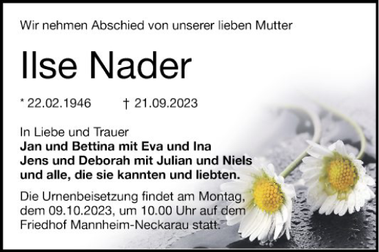 Traueranzeige von Ilse Nader von Mannheimer Morgen