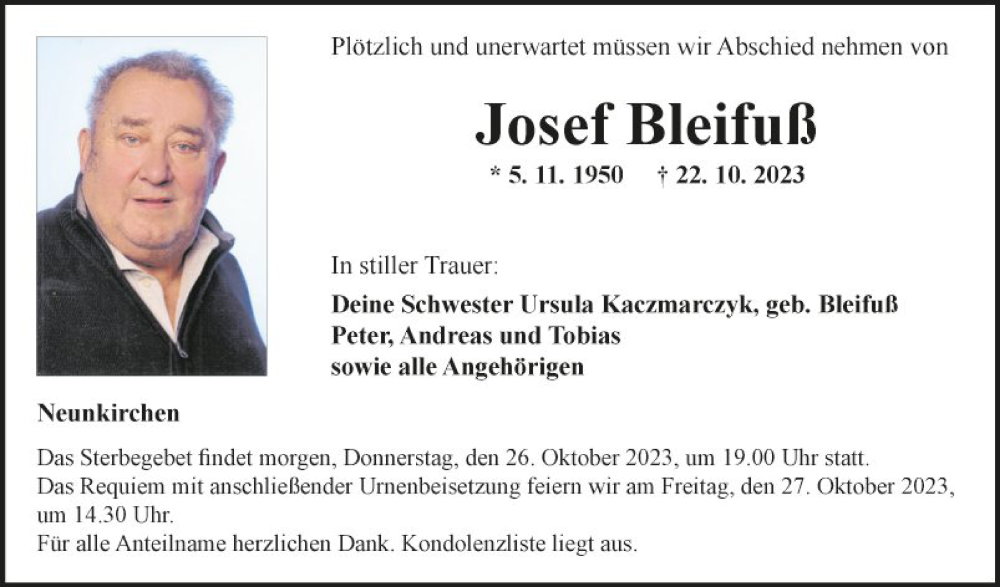  Traueranzeige für Josef Bleifuß vom 25.10.2023 aus Fränkische Nachrichten