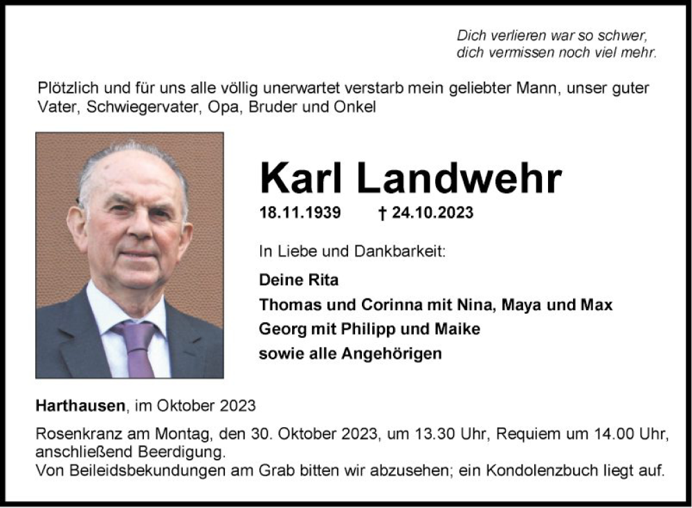  Traueranzeige für Karl Landwehr vom 27.10.2023 aus Fränkische Nachrichten