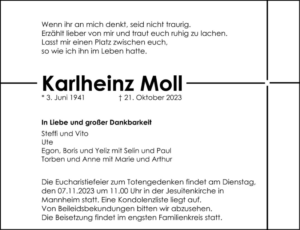  Traueranzeige für Karlheinz Moll vom 28.10.2023 aus Mannheimer Morgen