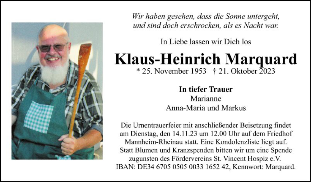 Traueranzeige für Klaus-Heinrich Marquard vom 28.10.2023 aus Mannheimer Morgen