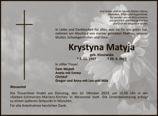 Traueranzeige von Krystyna Matyja von Fränkische Nachrichten