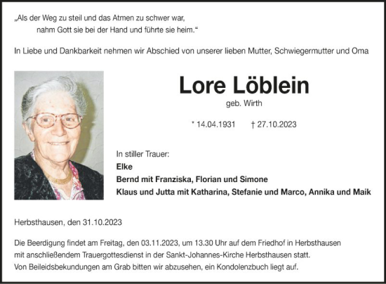 Traueranzeige von Lore Löblein von Fränkische Nachrichten