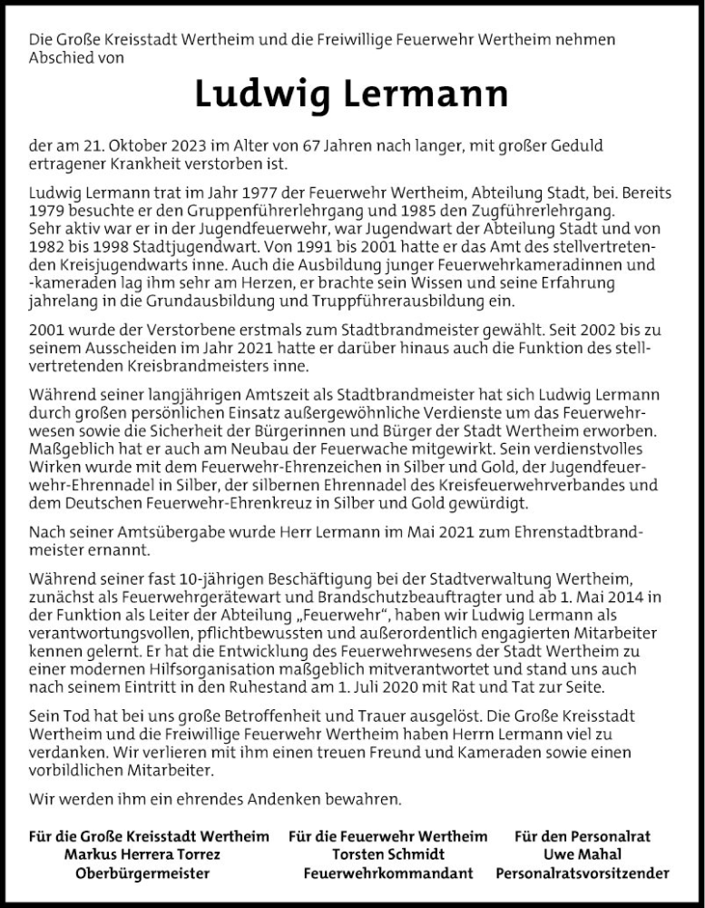  Traueranzeige für Ludwig Lenonann vom 28.10.2023 aus Fränkische Nachrichten