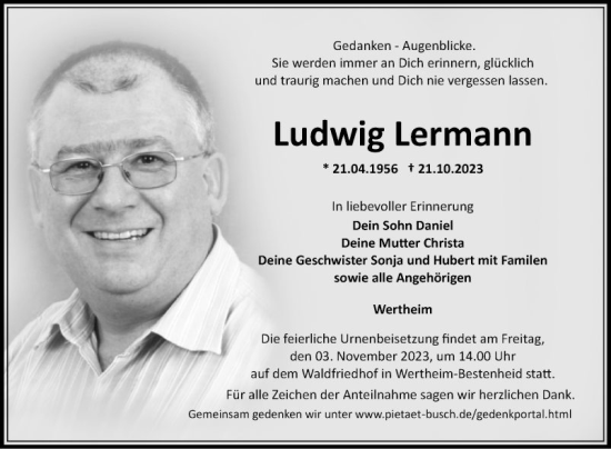 Traueranzeige von Ludwig Lermann von Fränkische Nachrichten