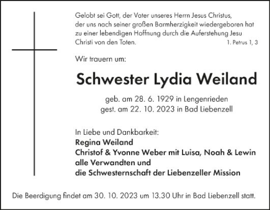 Traueranzeige von Lydia Weiland von Fränkische Nachrichten