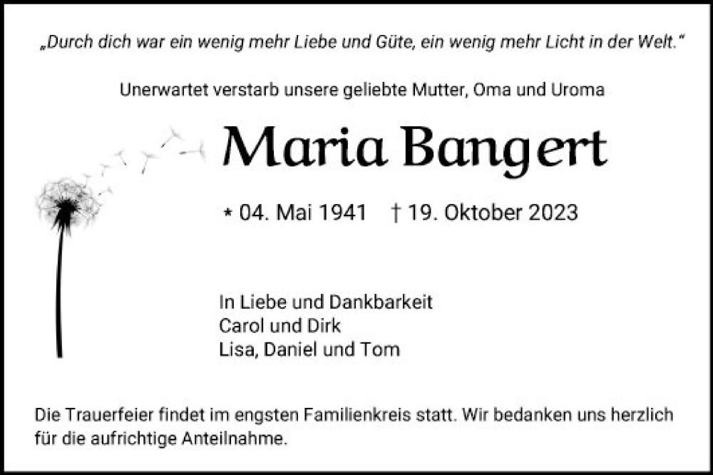  Traueranzeige für Maria Bangert vom 28.10.2023 aus Mannheimer Morgen
