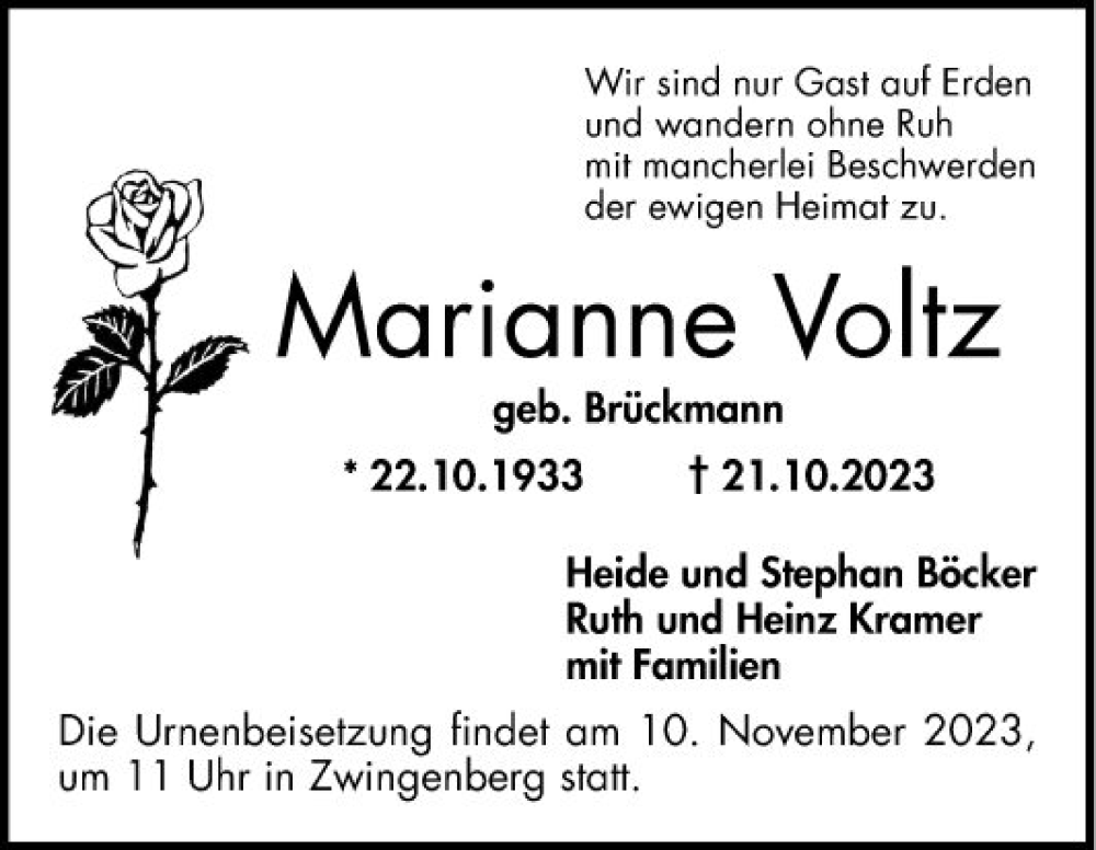  Traueranzeige für Marianne Voltz vom 28.10.2023 aus Bergsträßer Anzeiger