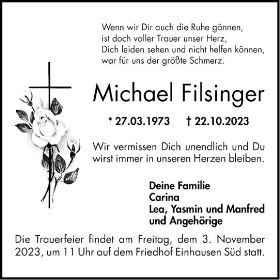 Traueranzeige von Michael Filsinger von Bergsträßer Anzeiger
