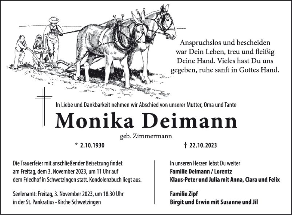  Traueranzeige für Monika Deimann vom 28.10.2023 aus Schwetzinger Zeitung