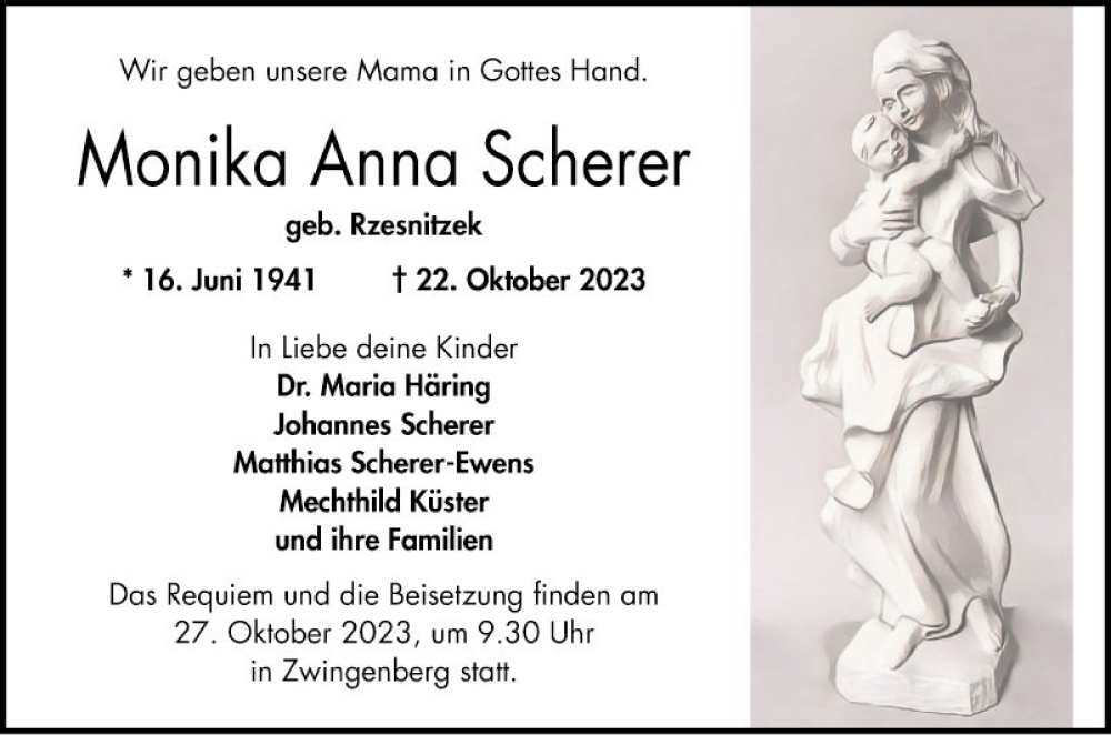  Traueranzeige für Monika Anna Scherer vom 25.10.2023 aus Bergsträßer Anzeiger