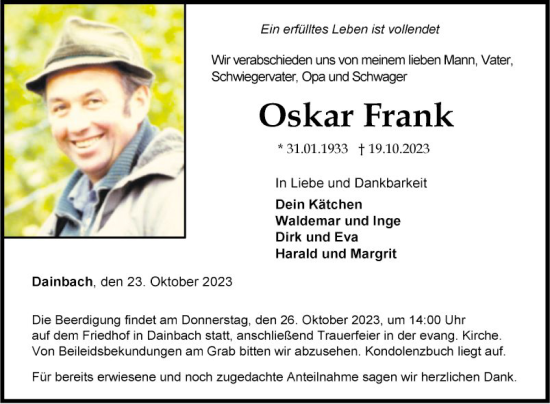 Traueranzeige von Oskar Frank von Fränkische Nachrichten