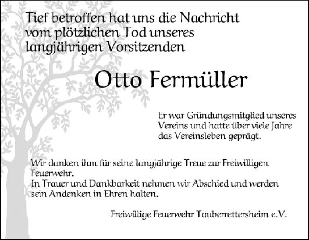  Traueranzeige für Otto Fermüller vom 26.10.2023 aus Fränkische Nachrichten