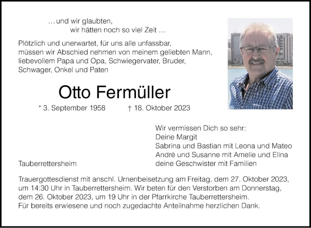  Traueranzeige für Otto Fermüller vom 25.10.2023 aus Fränkische Nachrichten