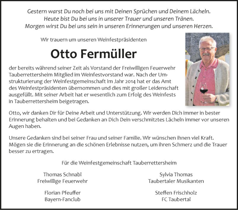  Traueranzeige für Otto Fermüller vom 25.10.2023 aus Fränkische Nachrichten