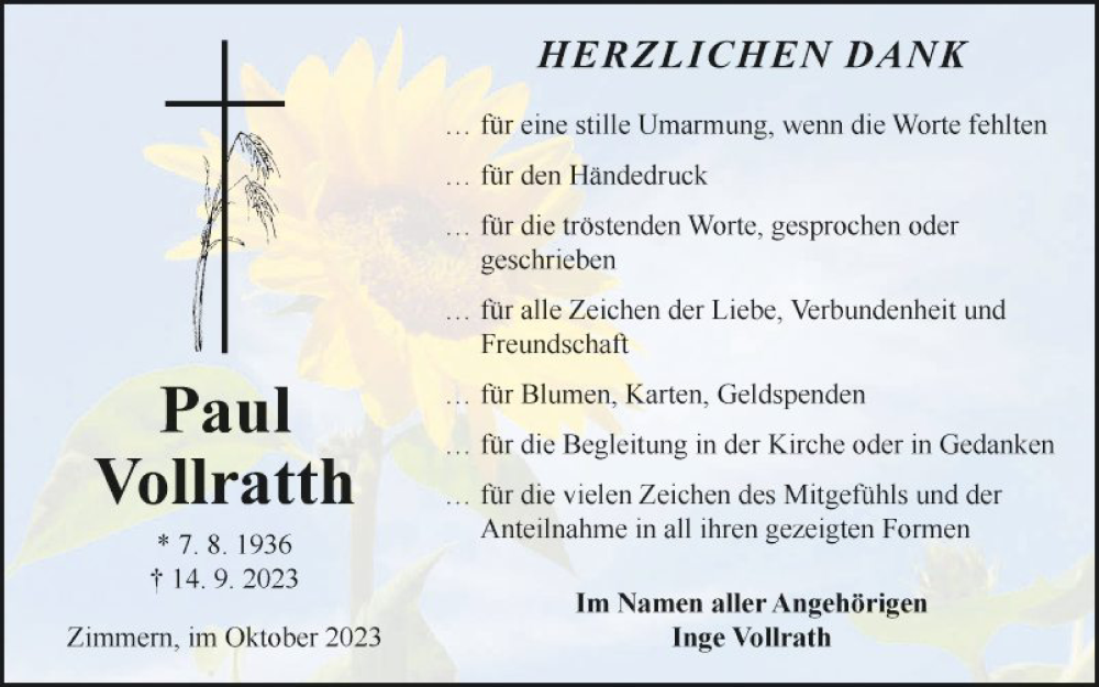  Traueranzeige für Paul Vollrath vom 14.10.2023 aus Fränkische Nachrichten