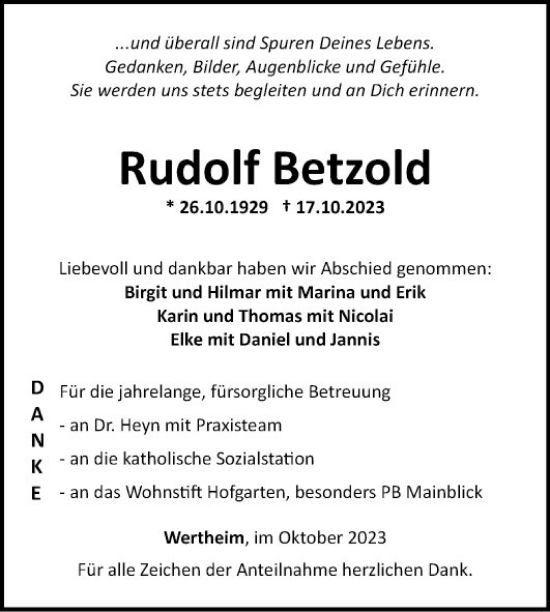 Traueranzeige von Rudolf Betzold von Fränkische Nachrichten