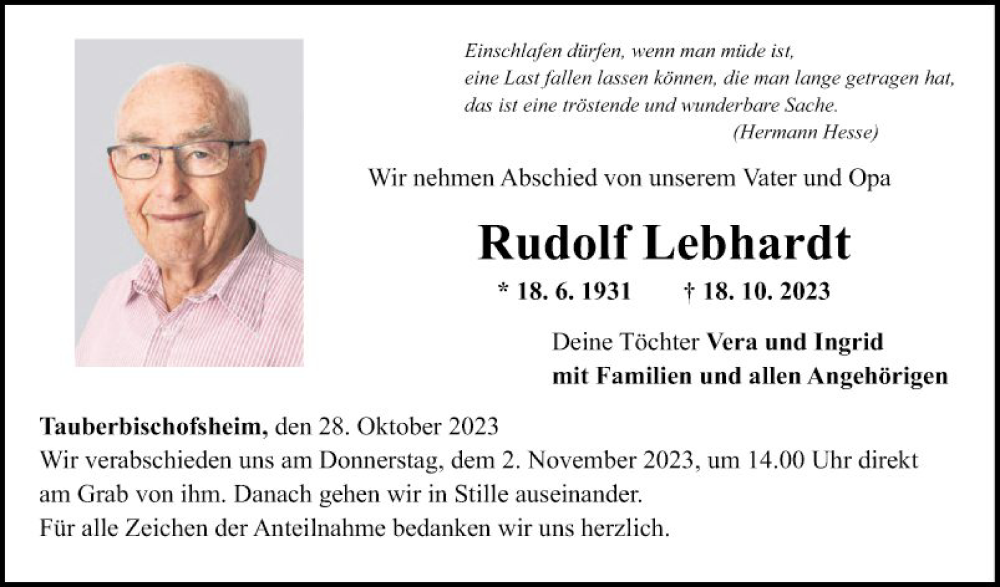  Traueranzeige für Rudolf Lebhardt vom 28.10.2023 aus Fränkische Nachrichten