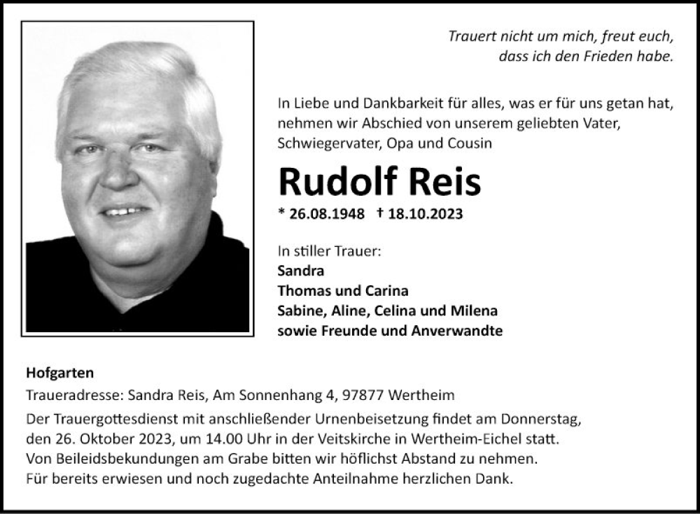  Traueranzeige für Rudolf Reis vom 21.10.2023 aus Fränkische Nachrichten