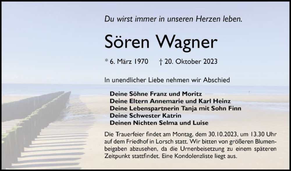  Traueranzeige für Sören Wagner vom 26.10.2023 aus Bergsträßer Anzeiger