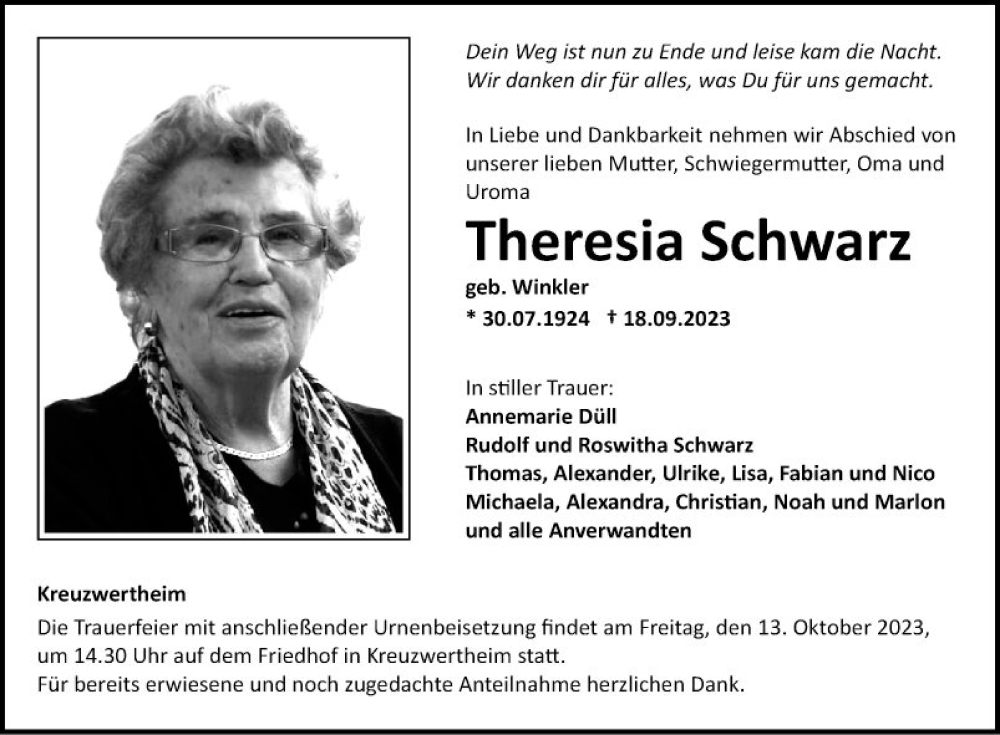  Traueranzeige für Theresia Schwarz vom 07.10.2023 aus Fränkische Nachrichten