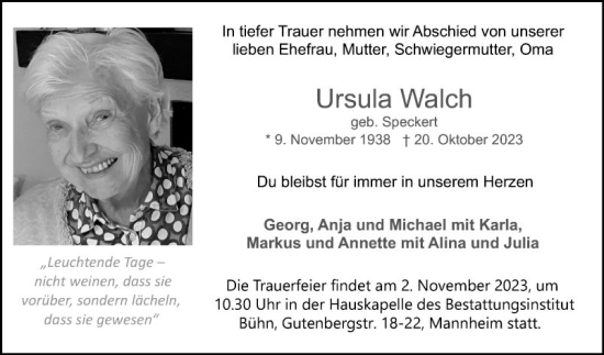 Traueranzeige von Ursula Walch von Mannheimer Morgen