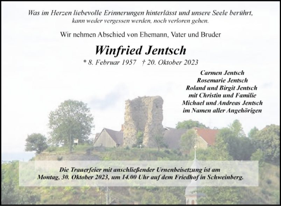 Traueranzeige von Winfried Jentsch von Fränkische Nachrichten