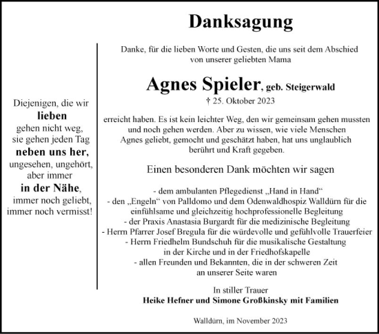 Traueranzeige von Agnes Spieler von Fränkische Nachrichten